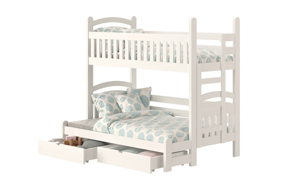 Łóżko piętrowe Amely Maxi prawostronne - biały, 90x200/140x200 drewniane łóżko dziecięce z drabinką z prawej strony 