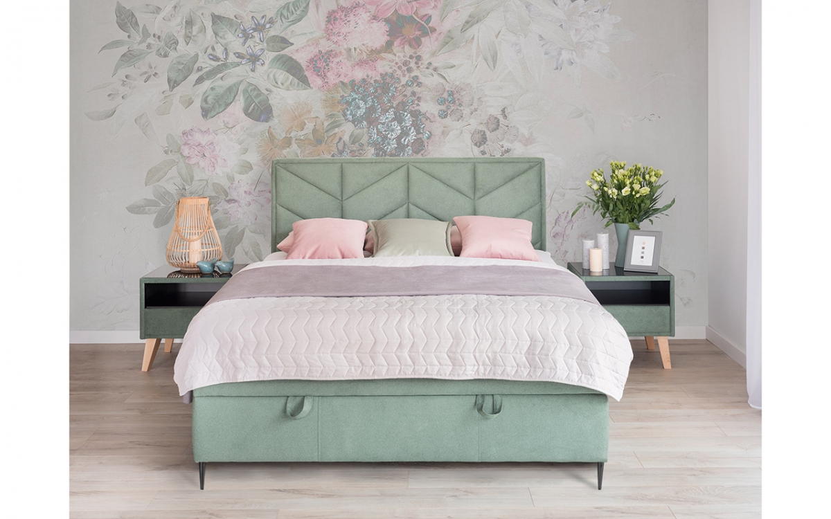 Łóżko tapicerowane sypialniane z pojemnikiem Lindi - 180x200, nogi czarne  łóżko z wysokim wezgłowiem Lindi 