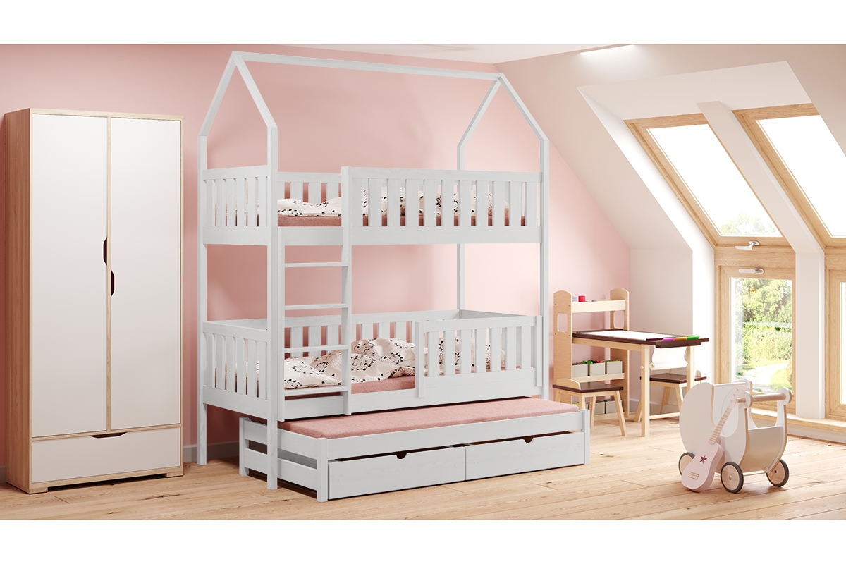 Łóżko dziecięce domek piętrowe wysuwane Nemos - biały, 80x180 Łóżko dziecięce piętrowe wyjazdowe Nemos - kolor Biały 
