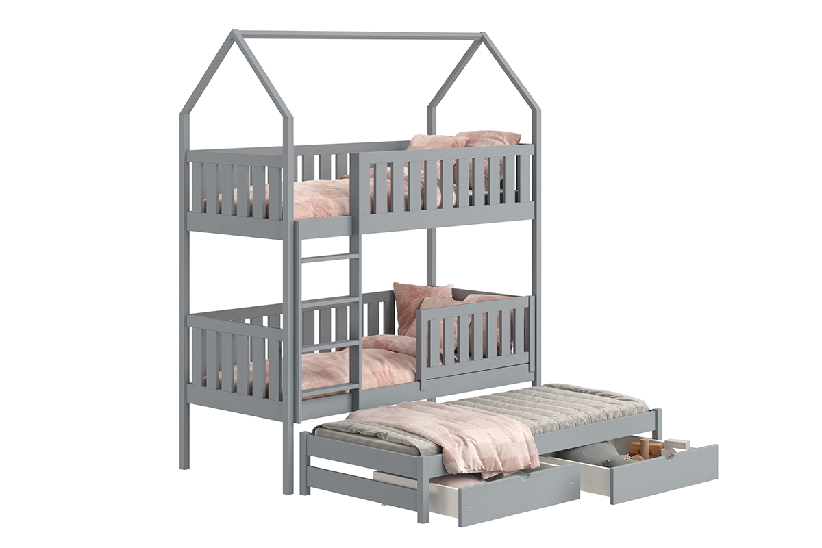 Łóżko dziecięce domek piętrowe wysuwane Nemos - szary, 90x180 Łóżko dziecięce piętrowe wyjazdowe Nemos - kolor Szary 