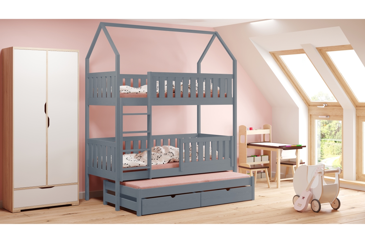 Łóżko dziecięce domek piętrowe wysuwane Nemos - szary, 80x200 Łóżko dziecięce piętrowe wyjazdowe Nemos - kolor Szary 