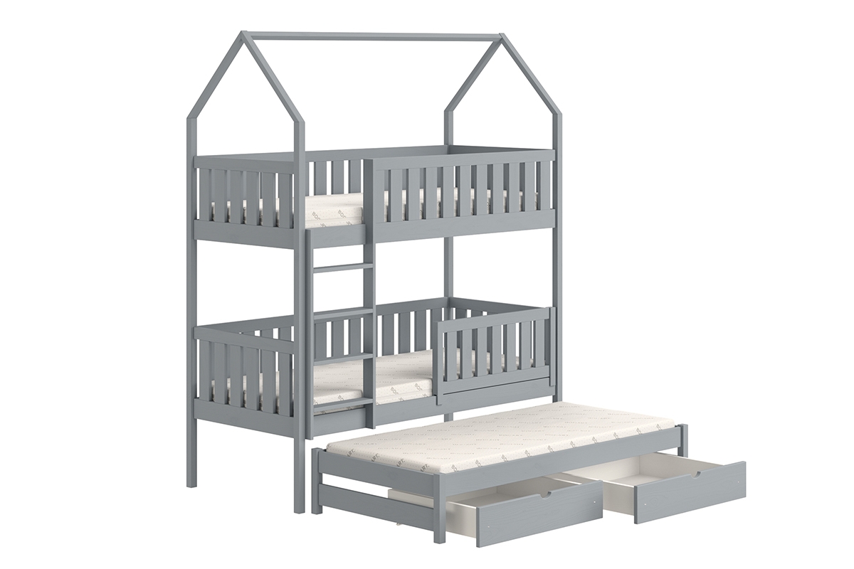 Łóżko dziecięce domek piętrowe wysuwane Nemos - szary, 80x180 Łóżko dziecięce piętrowe wyjazdowe Nemos - kolor Szary 
