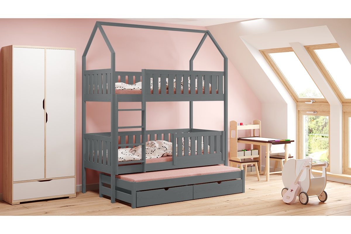 Łóżko dziecięce domek piętrowe wysuwane Nemos - grafit, 80x180 Łóżko dziecięce piętrowe wyjazdowe Nemos - kolor Grafit 