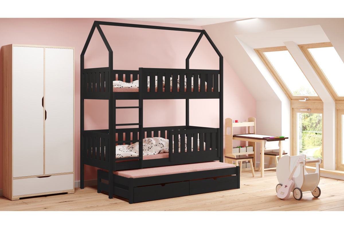 Łóżko dziecięce domek piętrowe wysuwane Nemos - czarny, 90x200 Łóżko dziecięce piętrowe wyjazdowe Nemos - kolor Czarny 