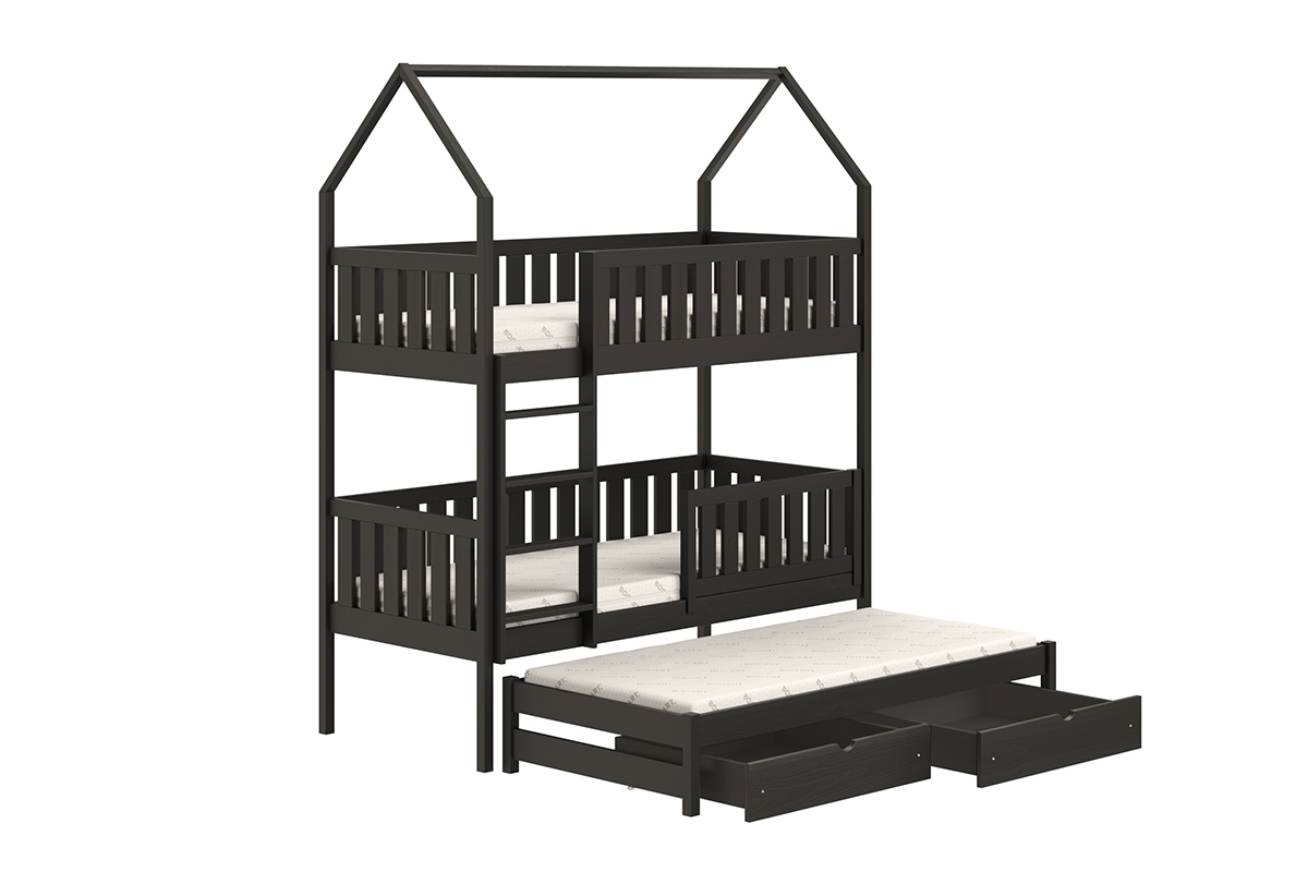 Łóżko dziecięce domek piętrowe wysuwane Nemos - czarny, 90x200 Łóżko dziecięce piętrowe wyjazdowe Nemos - kolor Czarny 