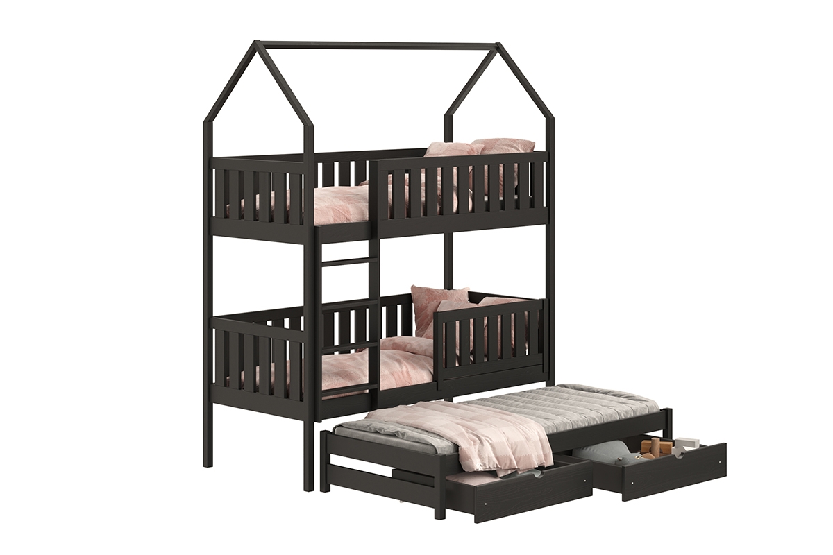 Łóżko dziecięce domek piętrowe wysuwane Nemos - czarny, 90x190 Łóżko dziecięce piętrowe wyjazdowe Nemos - kolor Czarny 