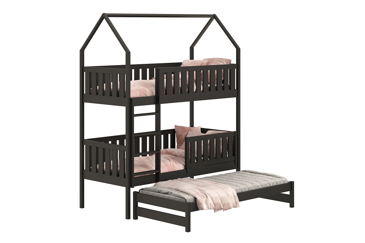 Łóżko dziecięce domek piętrowe wysuwane Nemos - czarny, 80x200 Łóżko dziecięce piętrowe wyjazdowe Nemos - kolor Czarny 