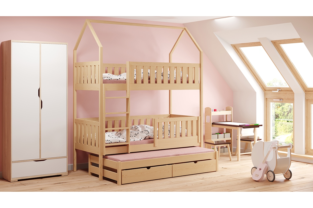 Łóżko dziecięce domek piętrowe wysuwane Nemos - sosna, 90x200 Łóżko dziecięce piętrowe wyjazdowe Nemos - kolor Sosna 