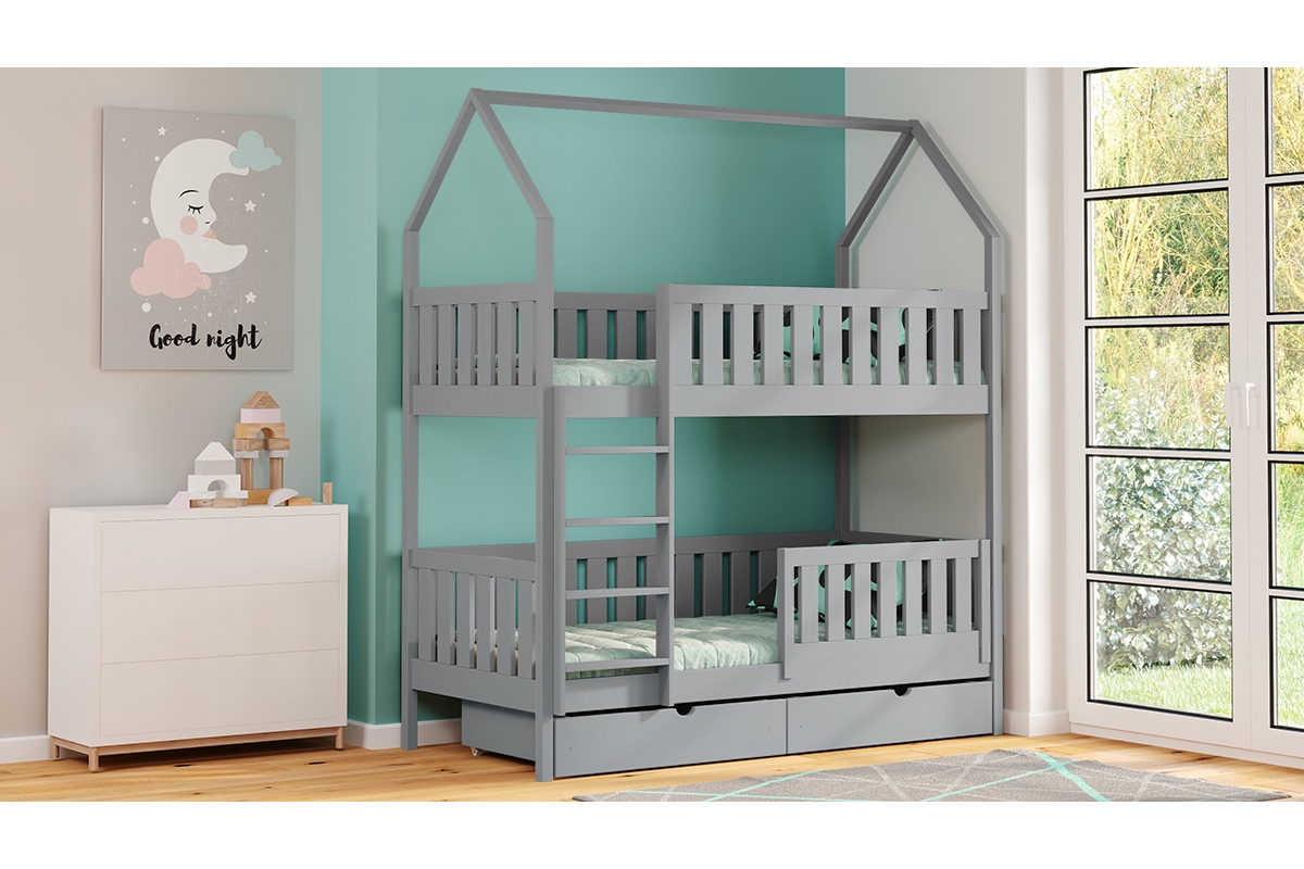 Łóżko dziecięce domek piętrowe Nemos - szary, 80x200 Łóżko dziecięce piętrowe Nemos - kolor Szary 