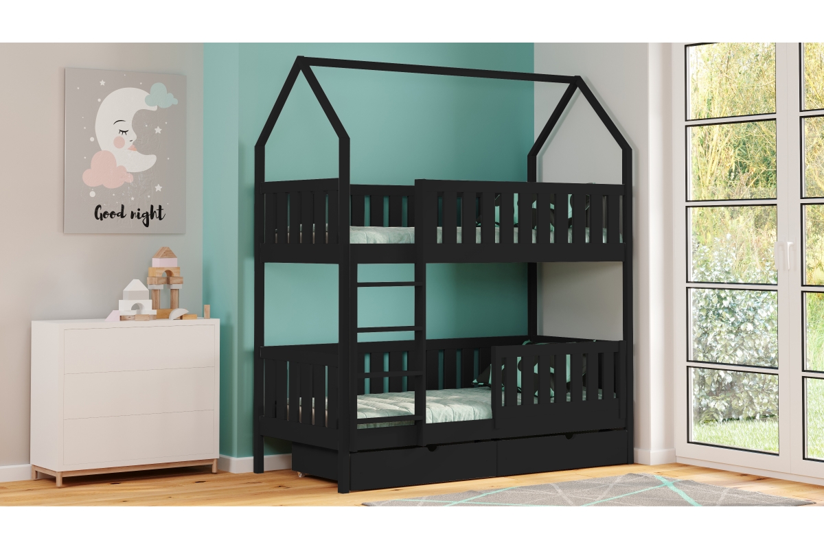 Łóżko dziecięce domek piętrowe Nemos - czarny, 90x190 Łóżko dziecięce piętrowe Nemos - kolor Czarny 
