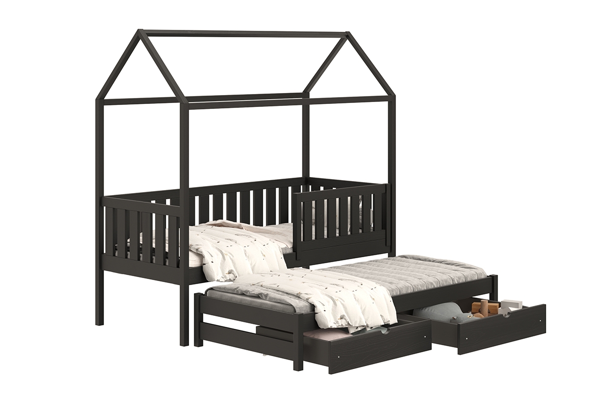 Łóżko dziecięce domek parterowe wysuwane Nemos - czarny, 90x180 Łóżko dziecięce parterowe wyjazdowe Nemos - kolor Czarny 