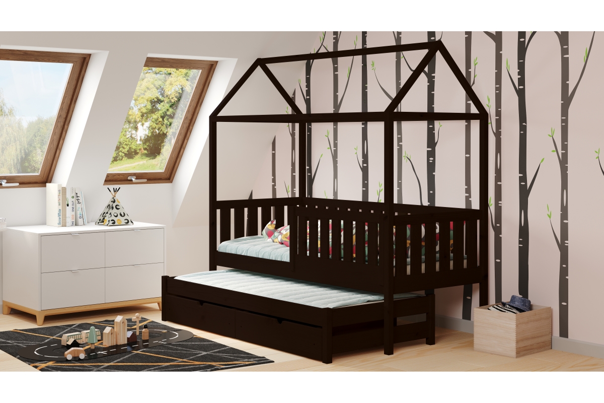 Łóżko dziecięce domek parterowe wysuwane Nemos - czarny, 80x160 Łóżko dziecięce parterowe wyjazdowe Nemos - kolor Czarny 