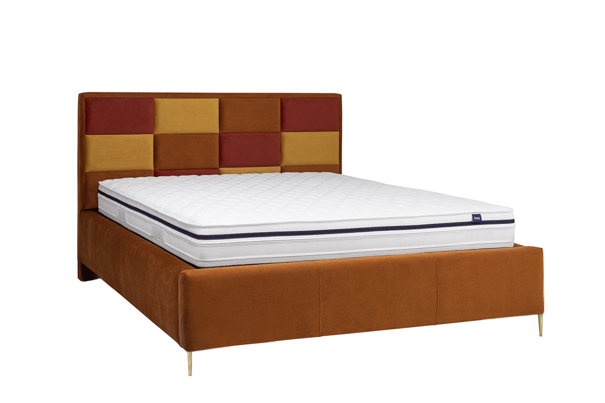 Łóżko tapicerowane sypialniane z pojemnikiem Menir - 140x200, nogi złote tapicerowane łóżko sypialniane  
