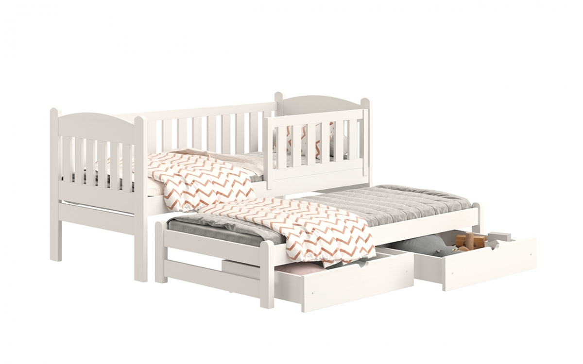 Łóżko dziecięce parterowe wysuwane Alvins z szufladami - biały, 90x200 białe łóżeczko dla dwójki dzieci 