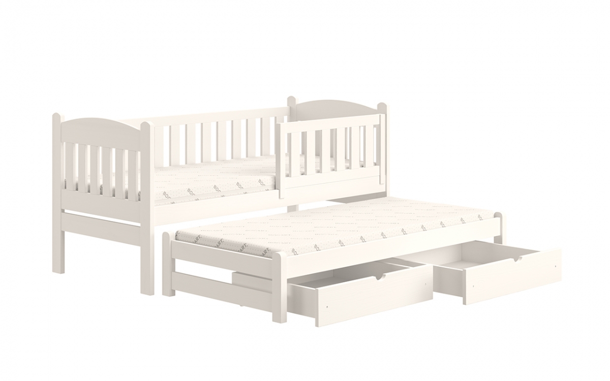 Łóżko dziecięce parterowe wysuwane Alvins z szufladami - biały, 90x180 malowane łóżko dziecięce  