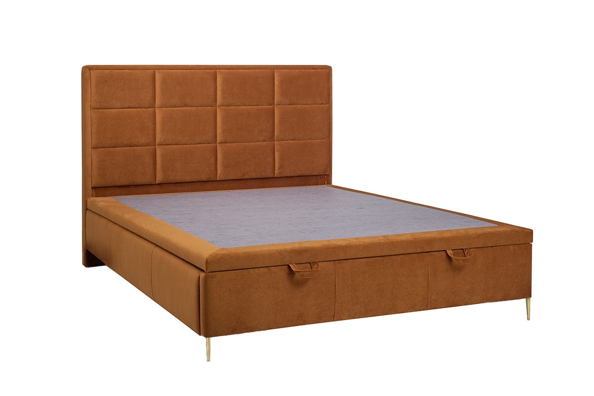 Łóżko sypialniane z tapicerowanym stelażem i pojemnikiem Menir - 180x200, nogi złote łóżko tapicerowane z wysokim wezgłowiem 