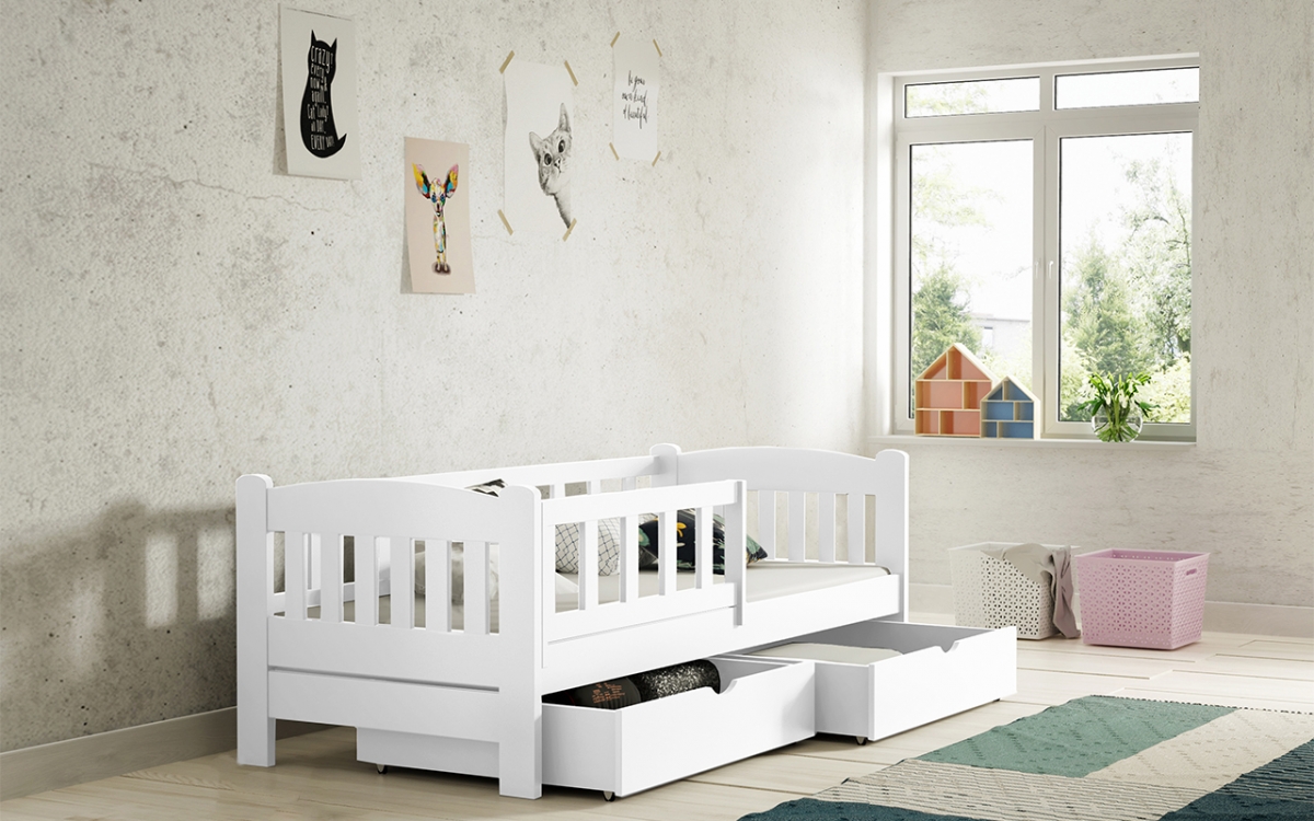 Łóżko dziecięce drewniane Alvins z szufladami - biały, 80x200 Łóżko dziecięce drewniane Alvins - Kolor Biały - aranżacja