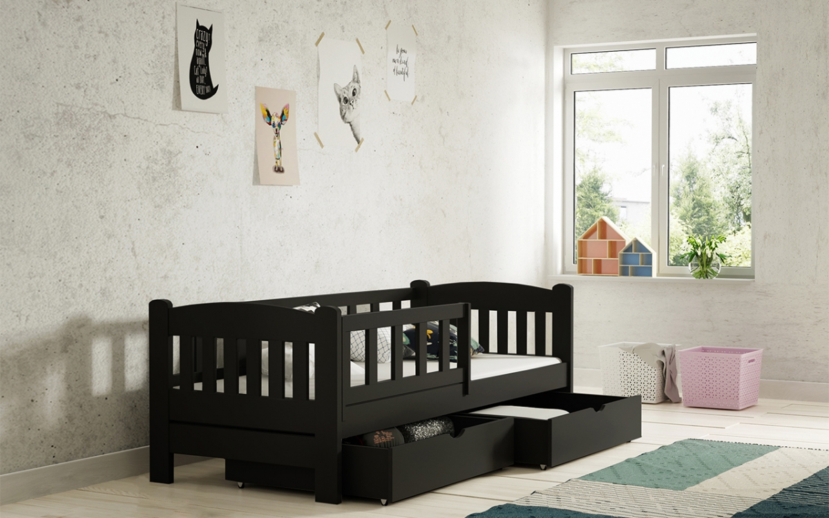 Łóżko dziecięce drewniane Alvins z szufladami - czarny, 90x200 Łóżko dziecięce drewniane Alvins - Kolor Czarny - aranżacja