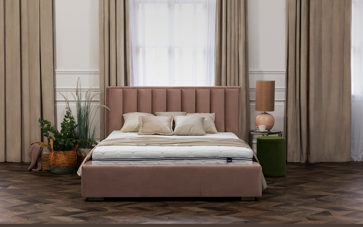 Łóżko tapicerowane sypialniane z pojemnikiem Misel - 180x200 łóżko z wezgłowiem z przeszyciami 