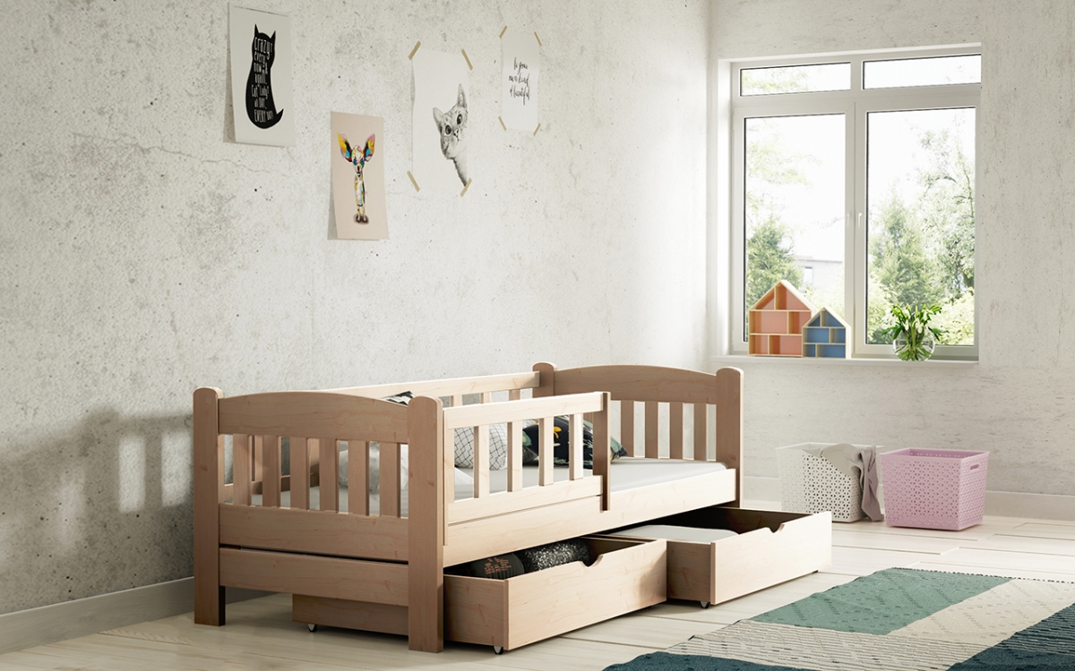 Łóżko dziecięce drewniane Alvins z szufladami - sosna, 80x180 Łóżko dziecięce drewniane Alvins - Kolor Sosna - aranżacja