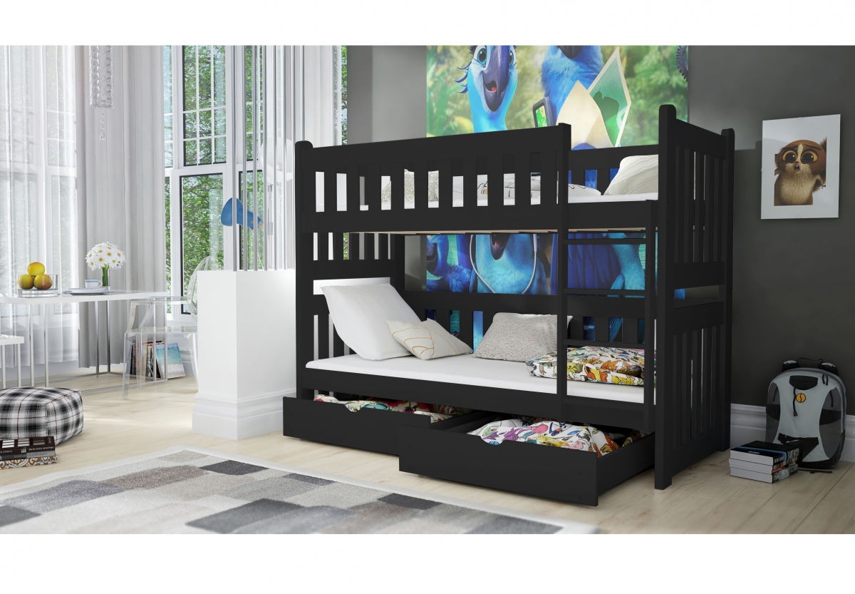 Łóżko dziecięce piętrowe Swen - czarny, 90x190 Łóżko piętrowe Swen - kolor Czarny - aranżacja 