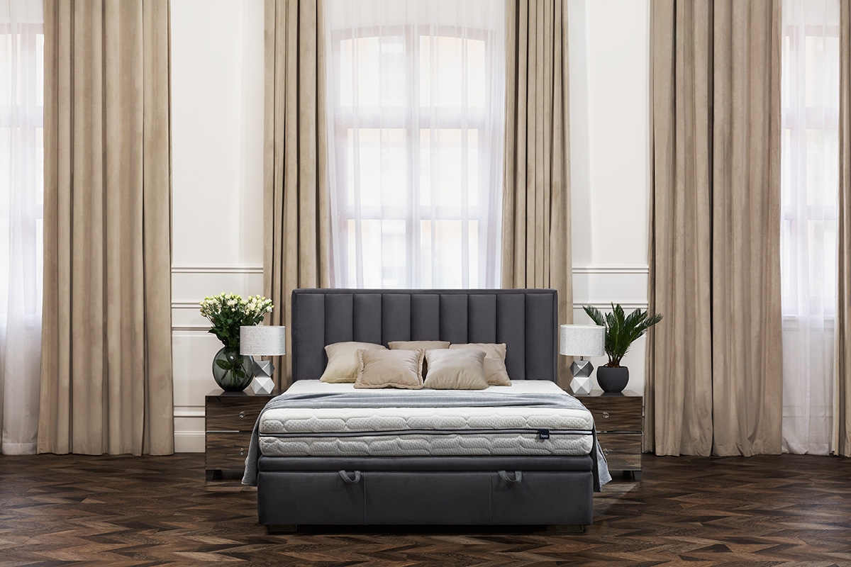 Łóżko sypialniane z tapicerowanym stelażem i pojemnikiem Misel - 180x200 łóżko sypialniane Misel z wysokim wezgłowiem 