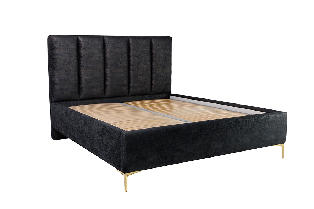 Tapicerowane łóżko sypialniane z pojemnikiem Klabi - 140x200, nogi złote szare łóżko tapicerowane z drewnianym stelażem 
