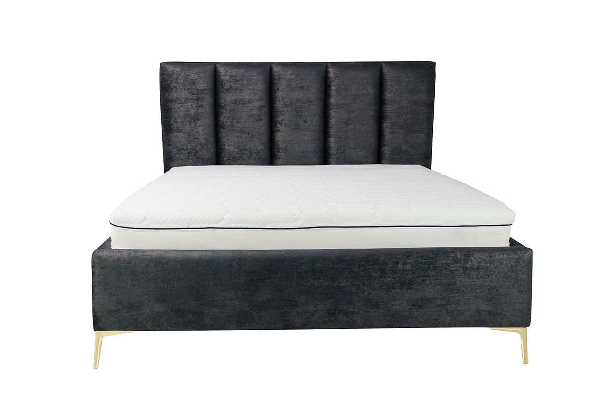 Tapicerowane łóżko sypialniane z pojemnikiem Klabi - 140x200, nogi złote łóżko ze złotymi nóżkami i wysokim wezgłowiem 