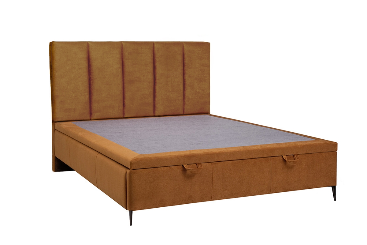 Łóżko sypialniane z tapicerowanym stelażem i pojemnikiem Klabi - 160x200, nogi czarne  pomarańczowe łóżko z czarnymi nóżkami 