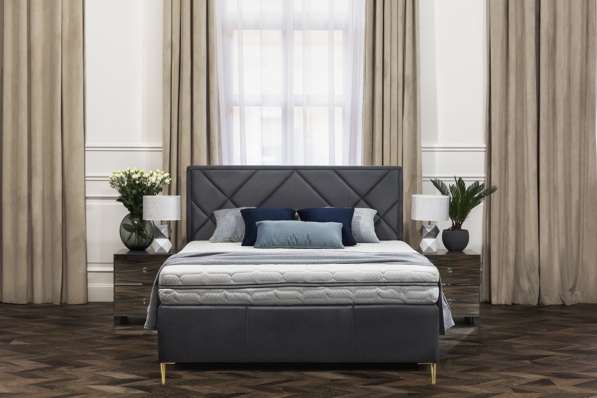 Łóżko tapicerowane sypialniane z pojemnikiem Simen - 140x200, nogi złote  szare łóżko z wysokim wezglowiem 