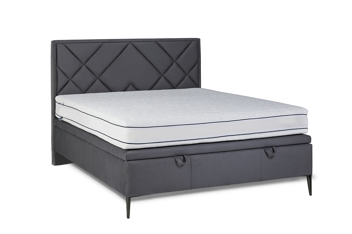 Łóżko sypialniane z tapicerowanym stelażem i pojemnikiem Simen - 160x200, nogi czarne  szare łóżko z wysokim wezgłowiem 