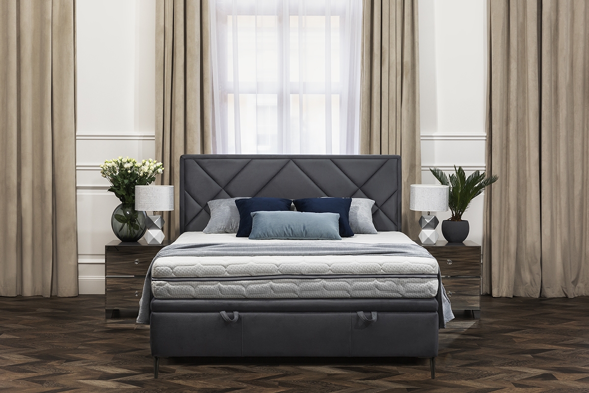 Łóżko sypialniane z tapicerowanym stelażem i pojemnikiem Simen - 160x200, nogi czarne  łóżko sypialniane z miękkim wezgłowiem 