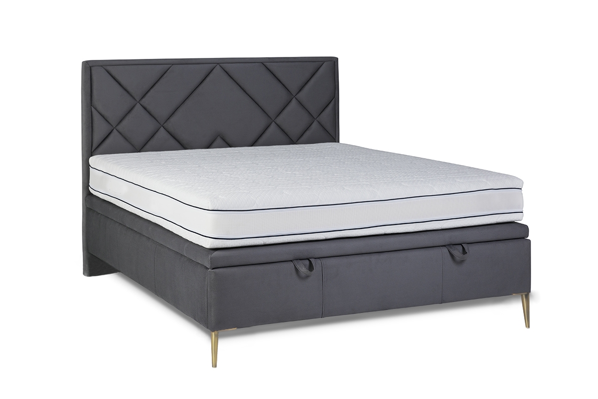 Łóżko sypialniane z tapicerowanym stelażem i pojemnikiem Simen - 160x200, nogi złote wygodne łóżko sypialniane  