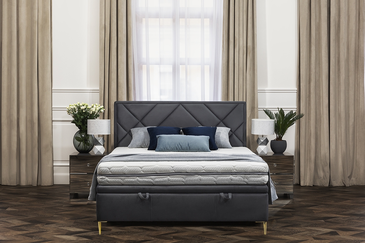 Łóżko sypialniane z tapicerowanym stelażem i pojemnikiem Simen - 180x200, nogi złote szare łóżko z wysokim wezgłowiem 