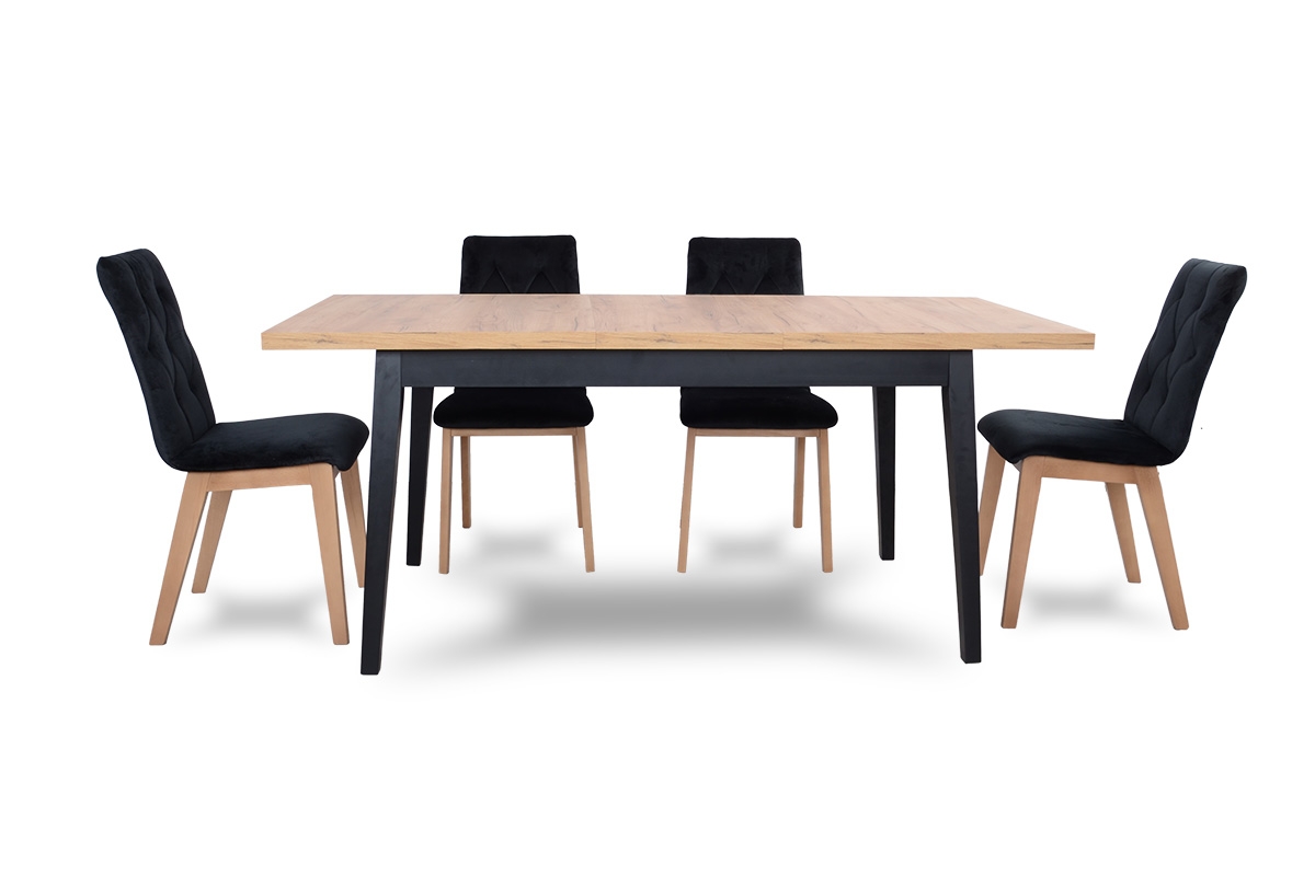Stół rozkładany 120-160x80 cm Paris na drewnianych nogach - dąb lancelot / białe nogi stół i czarne krzesła