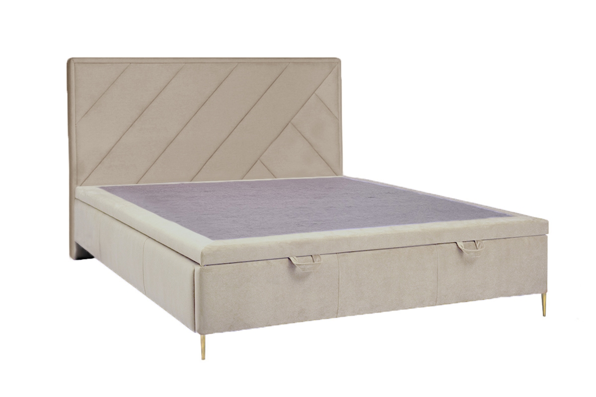 Łóżko sypialniane z tapicerowanym stelażem i pojemnikiem Tiade - 180x200, nogi złote łóżko z wezgłowiem z przeszyciami 