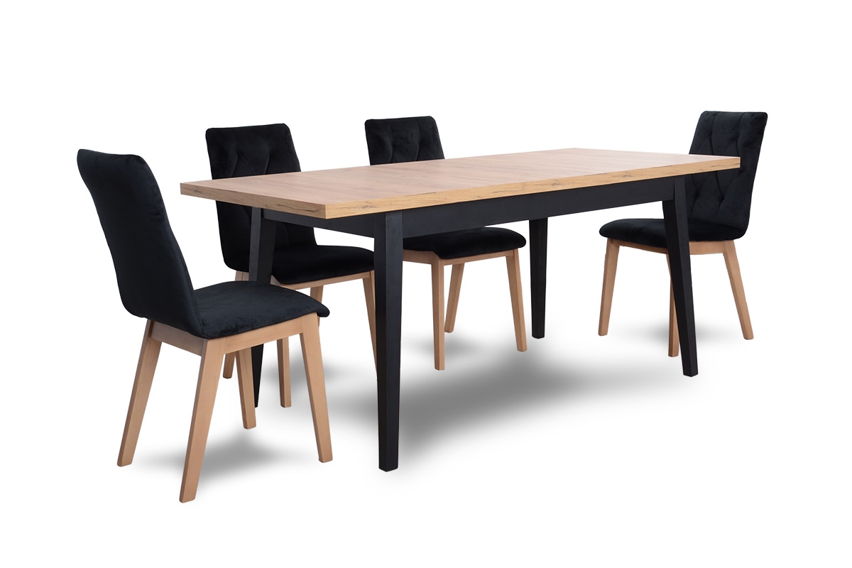 Stół rozkładany 140-180x80 cm Paris na drewnianych nogach - dąb lancelot / białe nogi stół i czarne krzesła