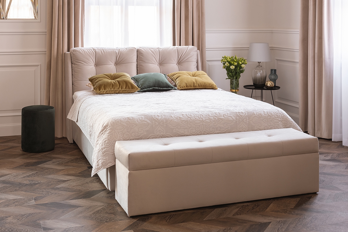 Łóżko tapicerowane sypialniane z pojemnikiem Branti - 160x200, nogi złote łóżko Branti z wysokim wezgłowiem 