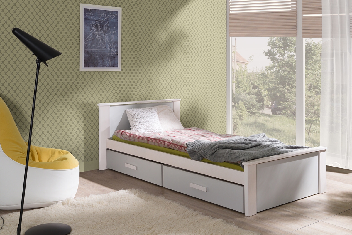Łóżko dziecięce parterowe Puttio - biały akryl + szary, 90x200 komfortowe łóżko dziecięce  