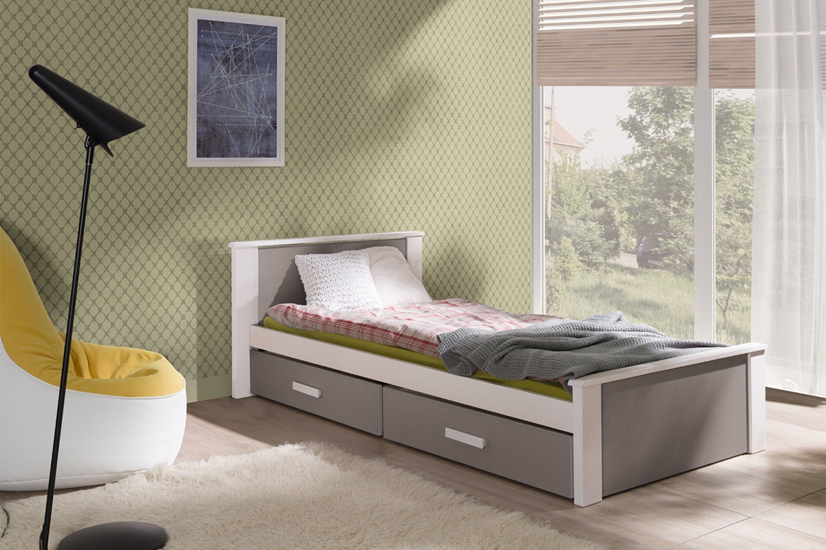 Łóżko dziecięce parterowe Puttio - biały akryl + trufel, 90x200 łóżko dziecięce w kolorze trufla