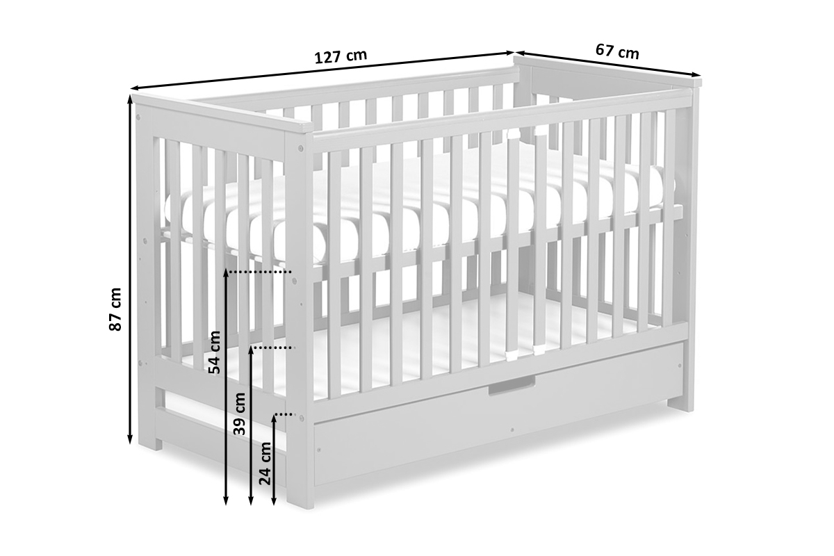 Drewniane łóżeczko dla niemowlaka z szufladą i barierką Iwo - biały, 120x60 Drewniane łóżeczko niemowlęce Iwo - wymiary 