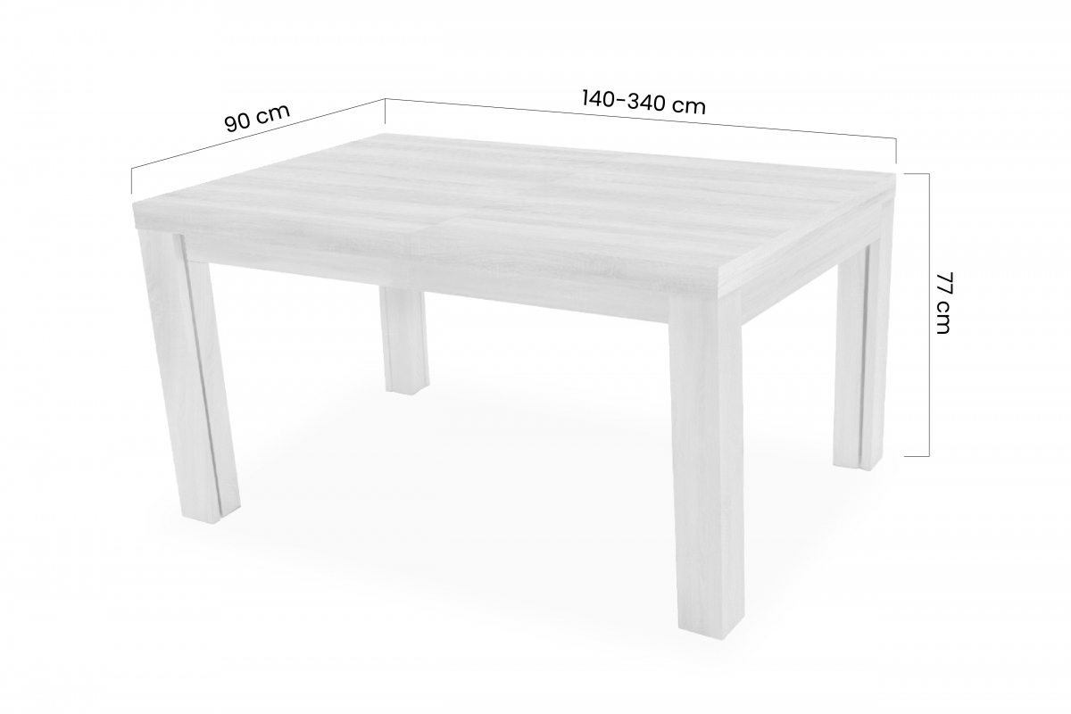 Stół w drewnianej okleinie rozkładany 140-340x90 cm Kalabria na drewnianych nogach - dąb Stół w drewnianej okleinie rozkładany 140-340 cm Kalabria na drewnianych nogach - dąb - wymiary