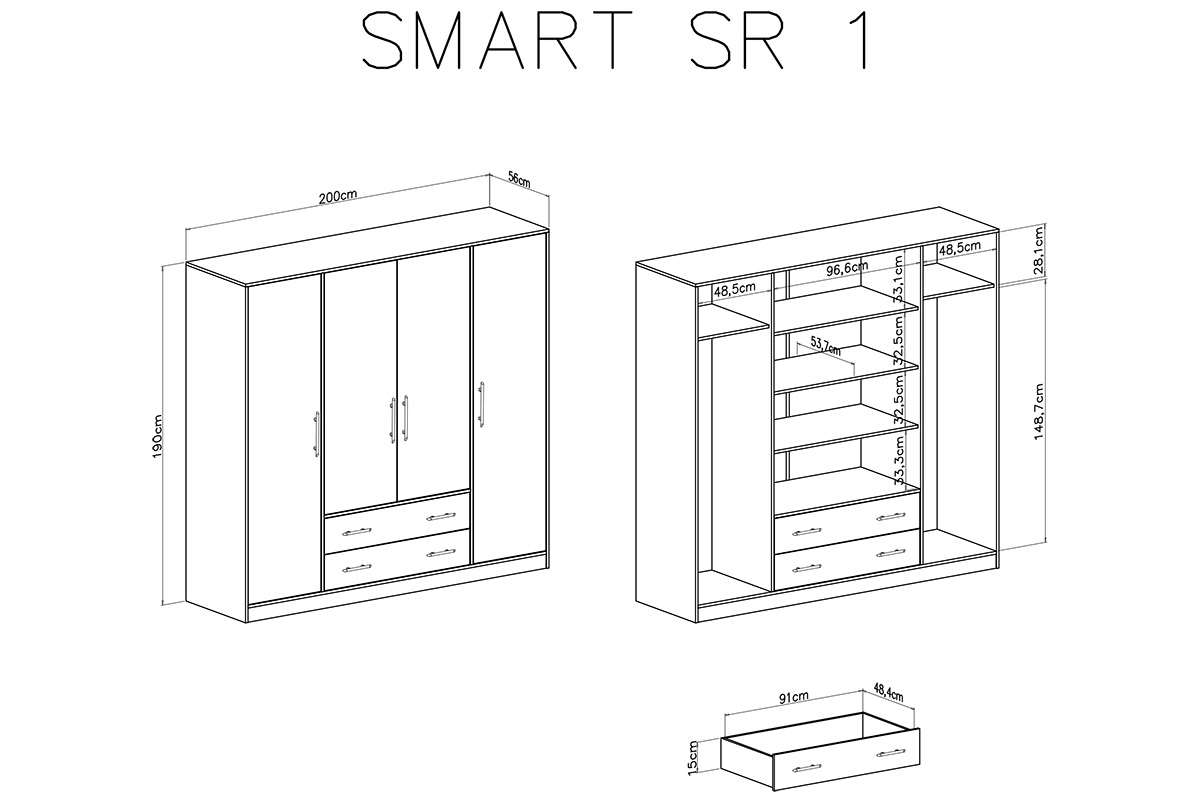 Szafa Smart SRL1 z szufladami i lustrami 200 cm - artisan Szafa czterodrzwiowa z dwoma szufladami i lustrami Smart SRL1 - artisan - wymiary