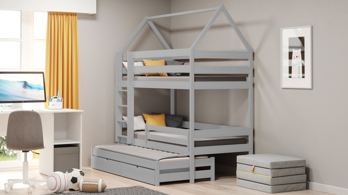 Łóżko dziecięce domek piętrowe wysuwane Comfio - szary, 80x200 Łóżko dziecięce domek piętrowe wysuwane Comfio - szary