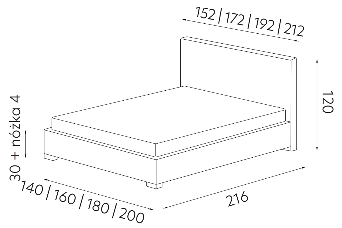 Łóżko tapicerowane 180x200 Porto z regulowanym zagłówkiem i pojemnikiem Łóżko tapicerowane 180x200 Porto z regulowanym zagłówkiem i pojemnikiem - wymiary