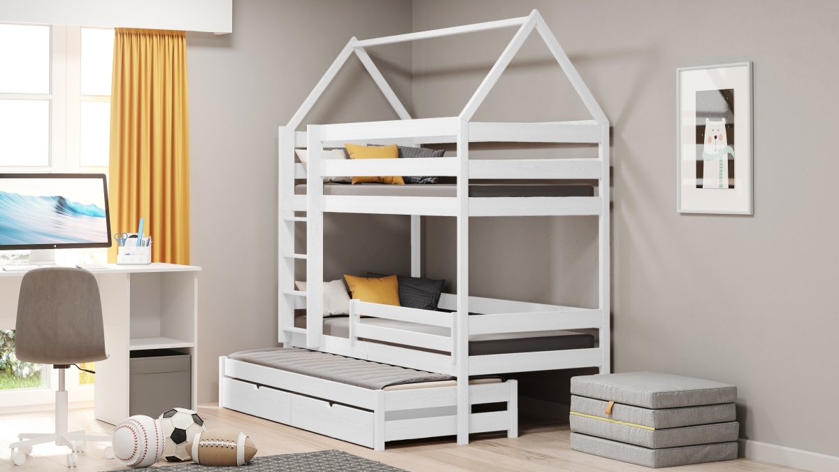Łóżko dziecięce domek piętrowe wysuwane Comfio - biały, 80x200 Łóżko dziecięce domek piętrowe wysuwane Comfio - biały