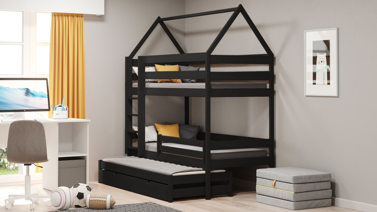 Łóżko dziecięce domek piętrowe wysuwane Comfio - czarny, 90x180  Łóżko dziecięce domek piętrowe wysuwane Comfio - czarn