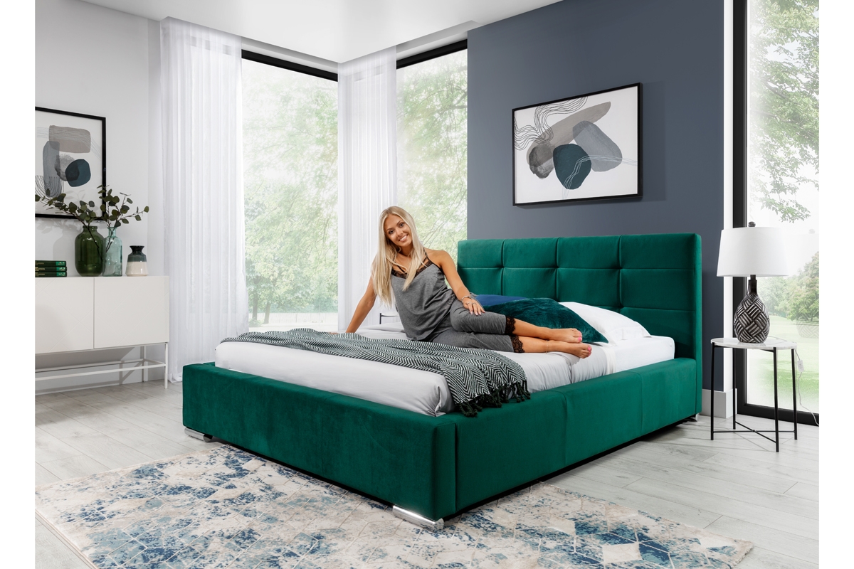 Łóżko sypialniane z pojemnikiem Elderio - zielony welur hydrofobowy Monolith 37, 160x200  Łóżko sypialniane z pojemnikiem Elderio