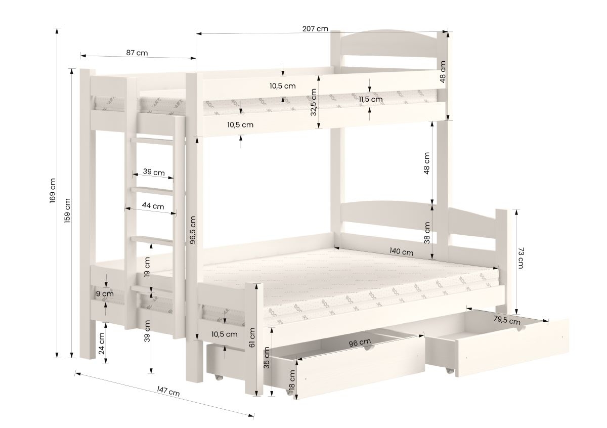 Łóżko piętrowe z szufladami Lovic prawostronne - grafit, 80x200/140x200  Łóżko piętrowe z szufladami Lovic - grafit - wymiar 80x200/140x200