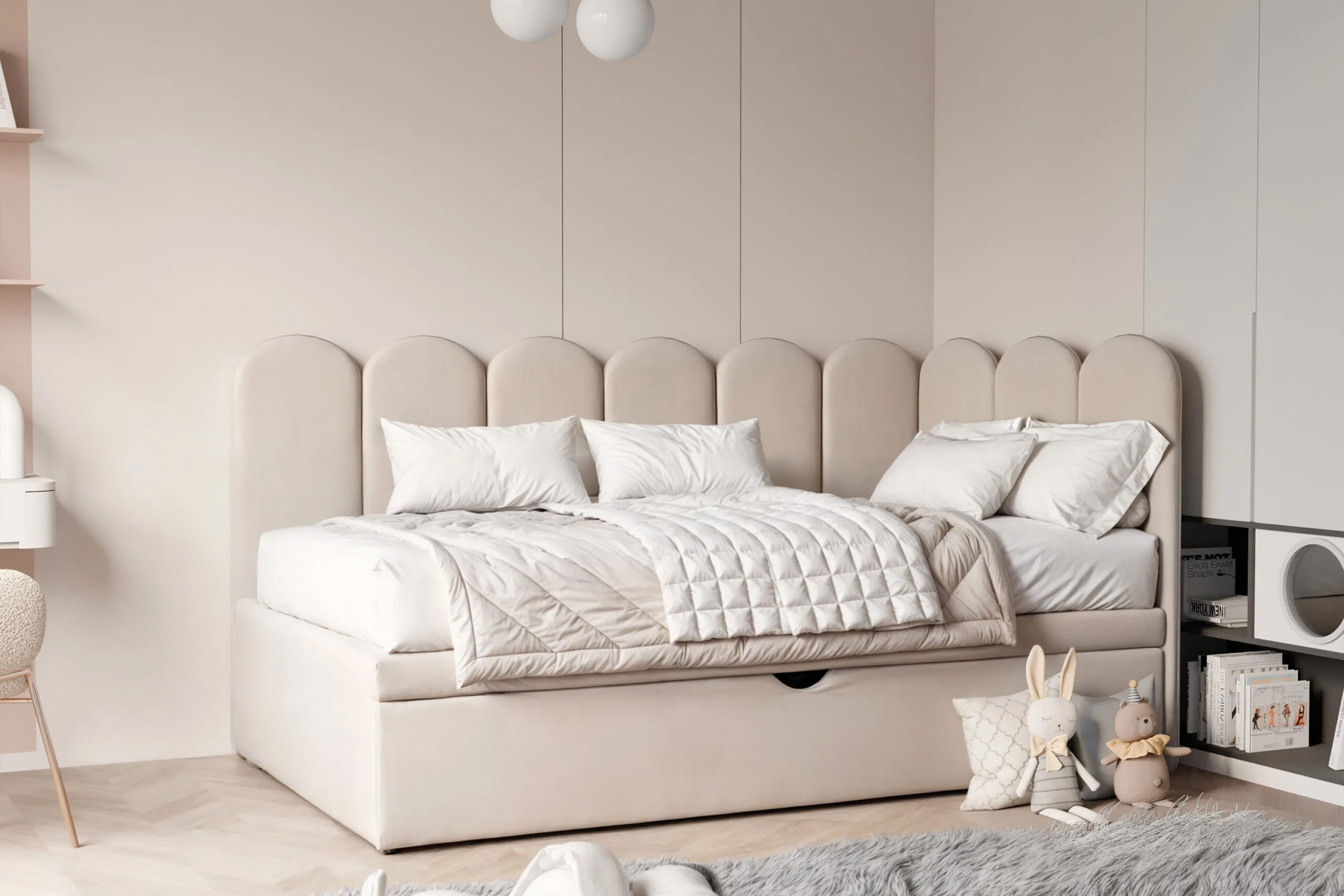 Łóżko dziecięce tapicerowane Calmo 90x200 prawostronne - beżowy welwet Magic Velvet 2250